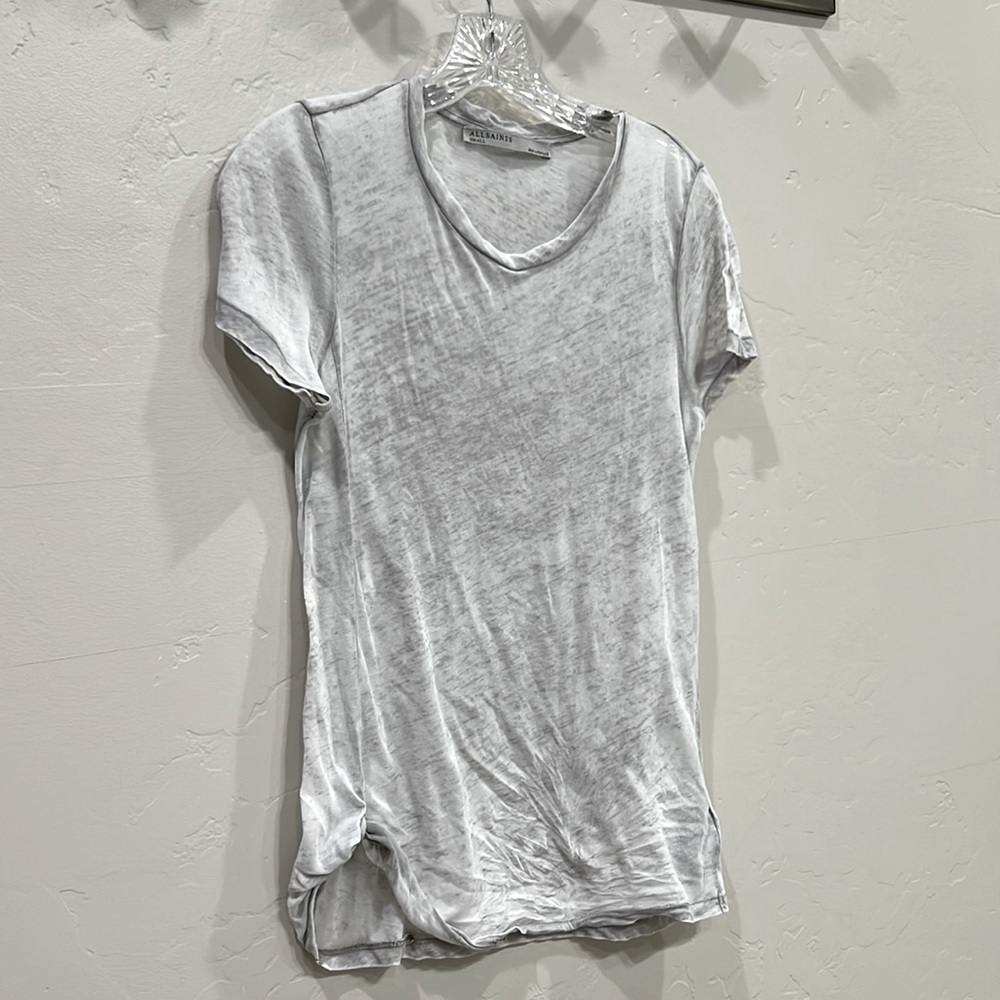 All Saints Tshirt. Grey Thin Tee with cute gathered detail on front hem